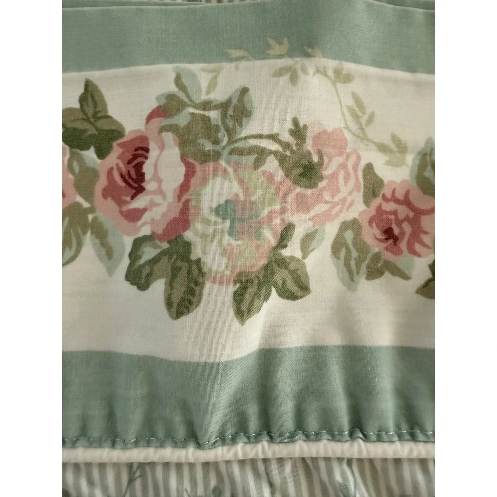 Vintage LAURA ASHLEY Cottage Rose Full Flat Sheet Sage Green Pink Floral USA
